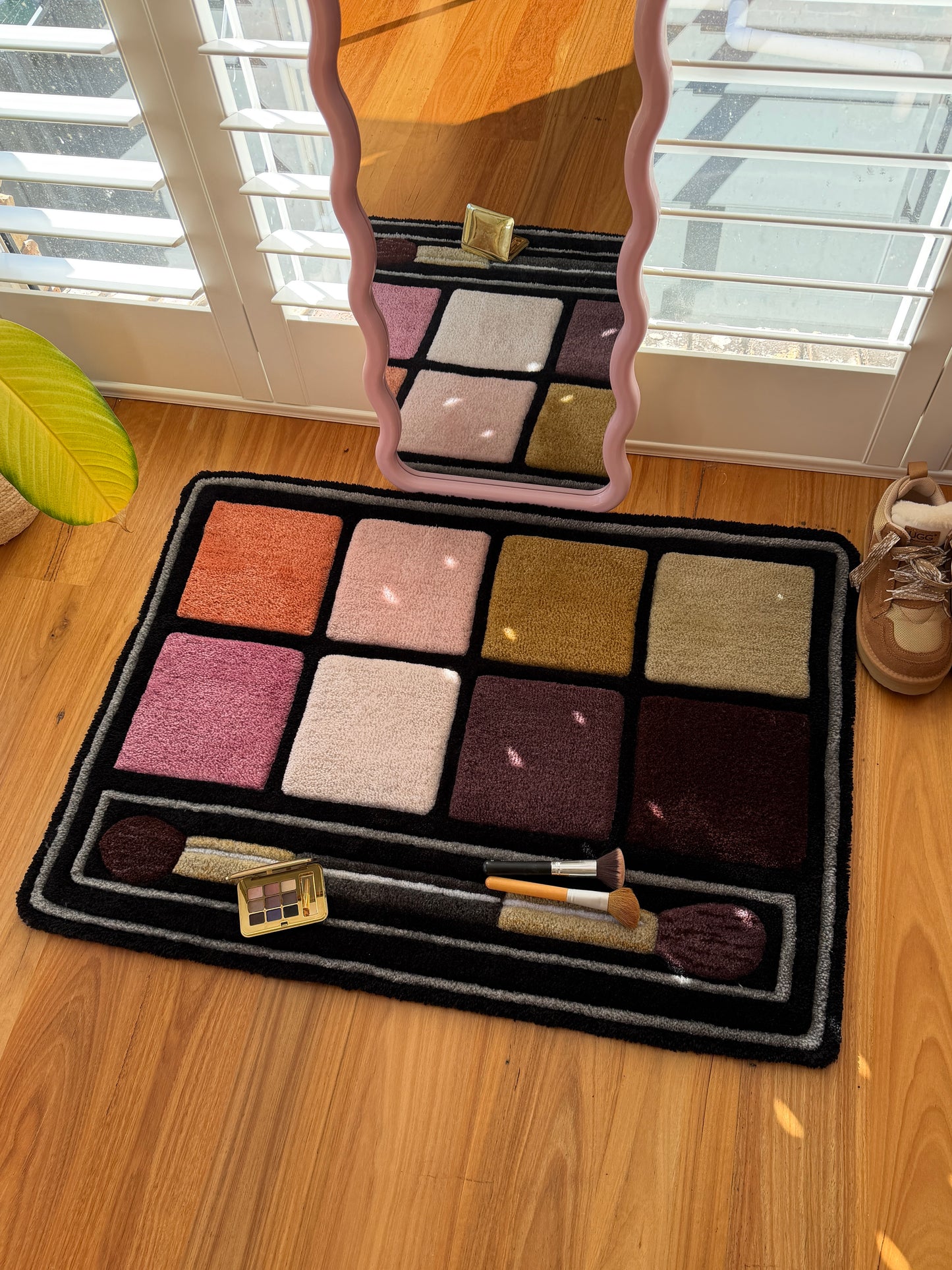 Afterglow Makeup Palette Rug, Handmade Plush Textile Art, Modern Beauty Room Decor