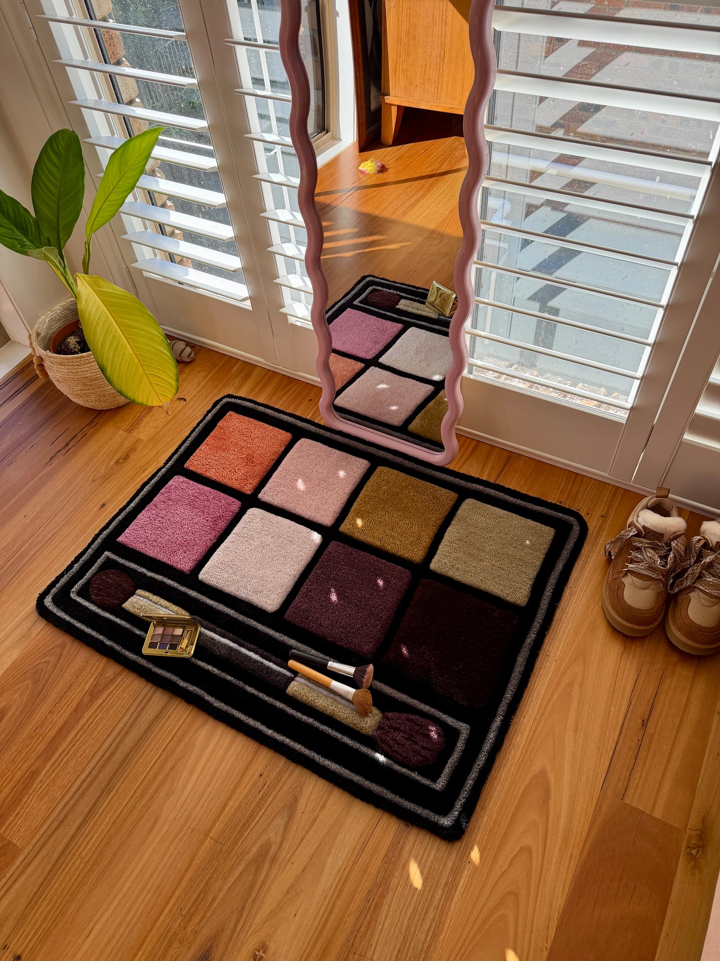 Afterglow Makeup Palette Rug, Handmade Plush Textile Art, Modern Beauty Room Decor
