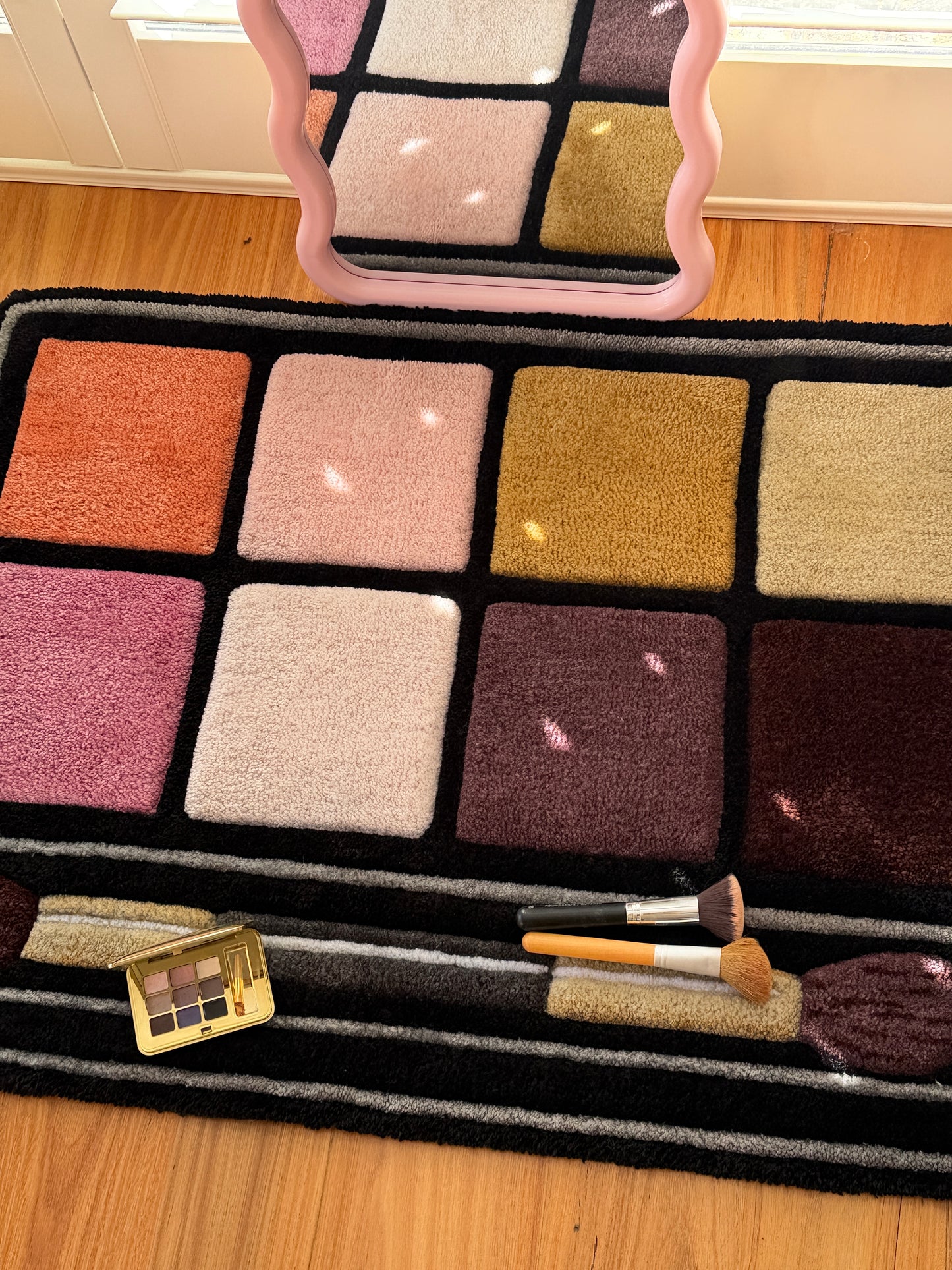Afterglow Makeup Palette Rug, Handmade Plush Textile Art, Modern Beauty Room Decor
